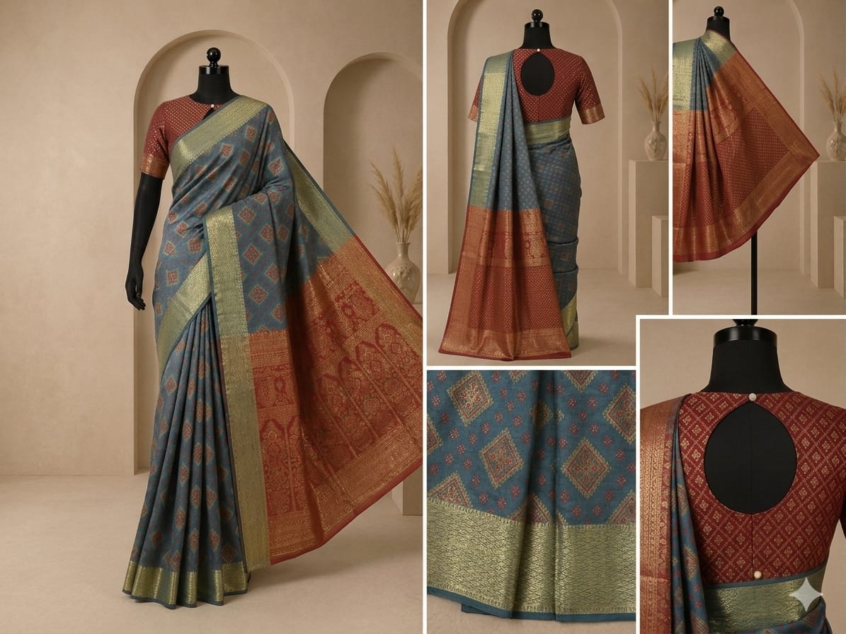 Elegant Steel Blue Banarasi Style Saree with Rich Rust Zari Pallu