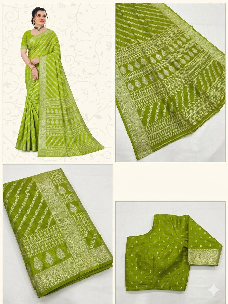 Lime Green Printed Saree with Elegant Traditional Border