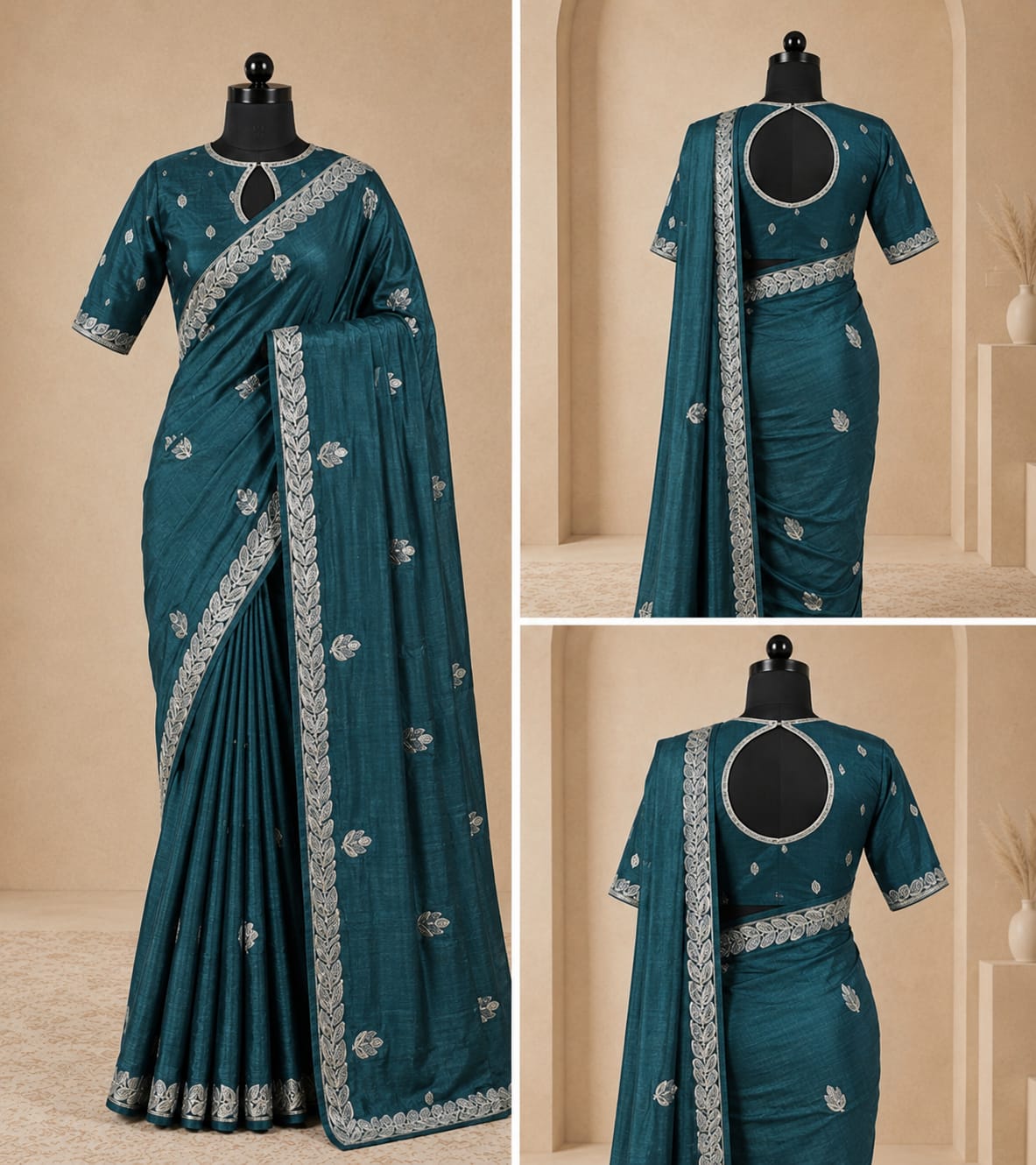 Elegant Teal Embroidered Designer Saree with Silver Floral Border