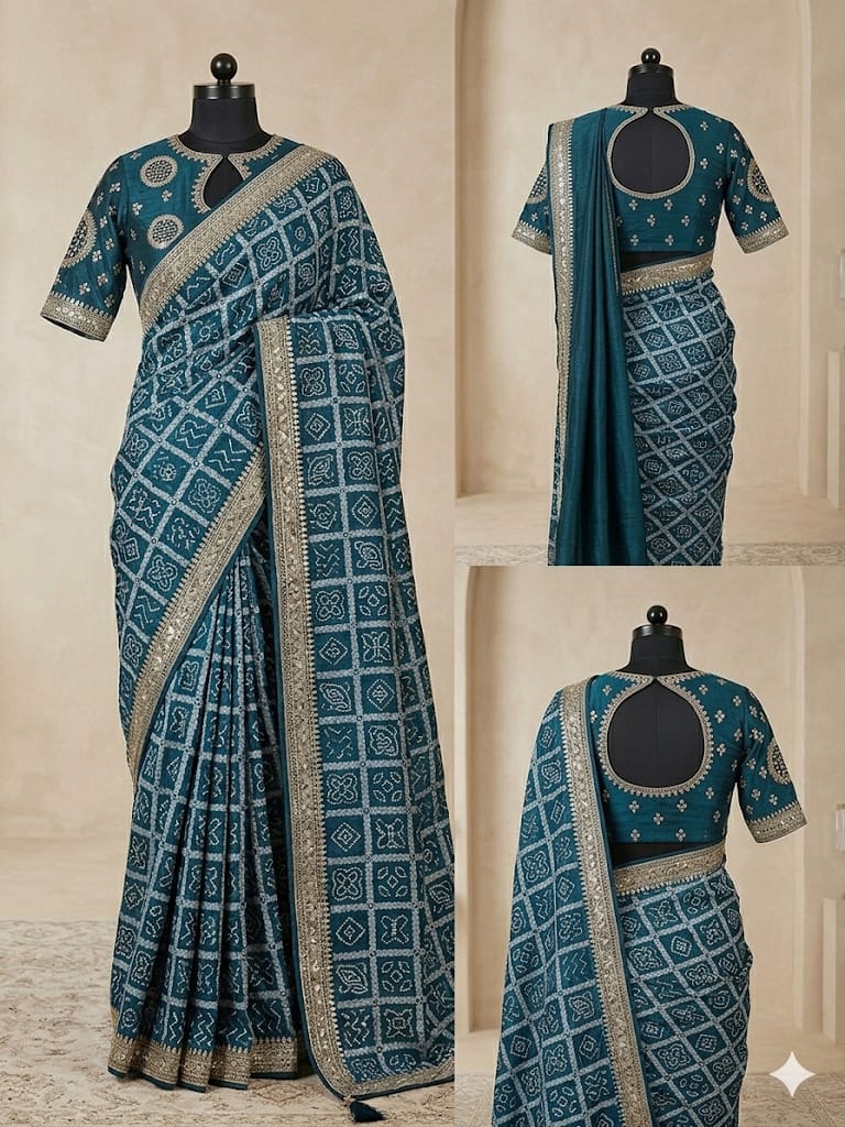 Elegant Teal Bandhani Print Saree with Woven Border