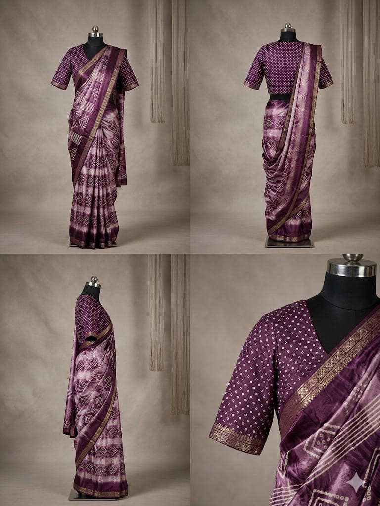 Premium Purple Bandhani Silk Blend Saree with Elegant Zari Border