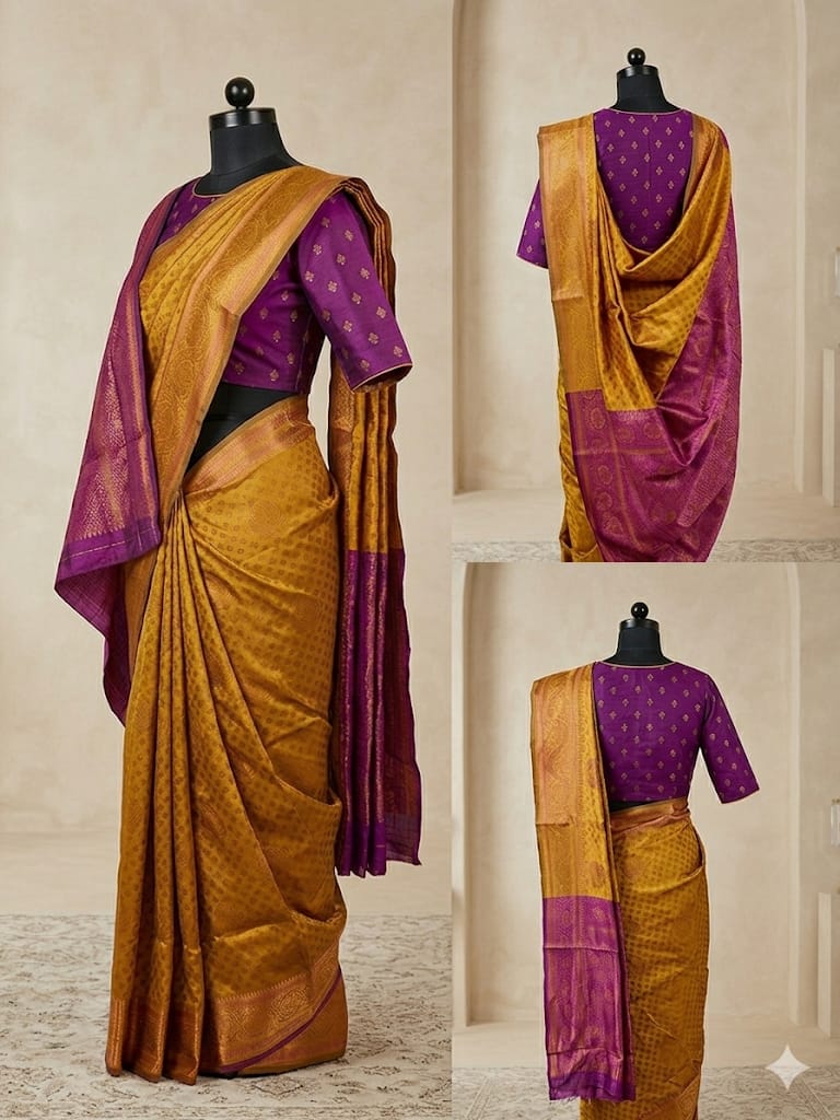 Royal Mustard Gold & Purple Silk Blend Saree with Rich Woven Zari Border