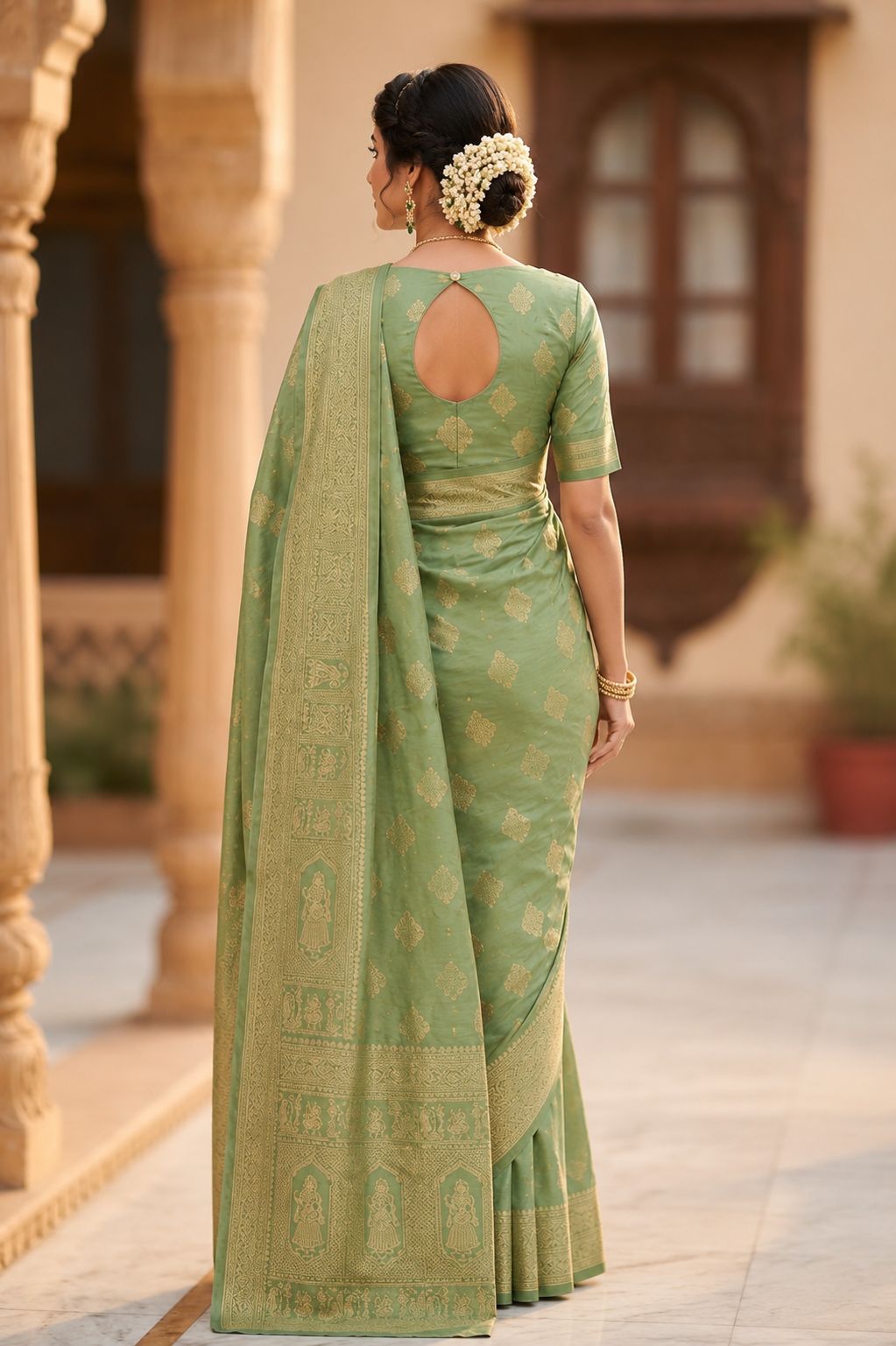 Sage Green Traditional Woven Saree
