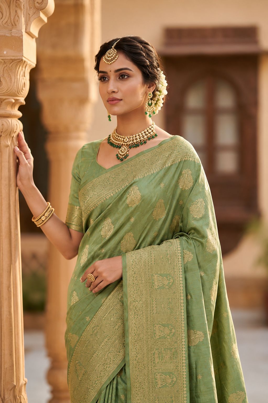 Sage Green Traditional Woven Saree