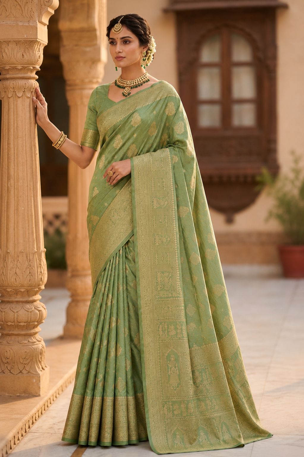 Sage Green Traditional Woven Saree