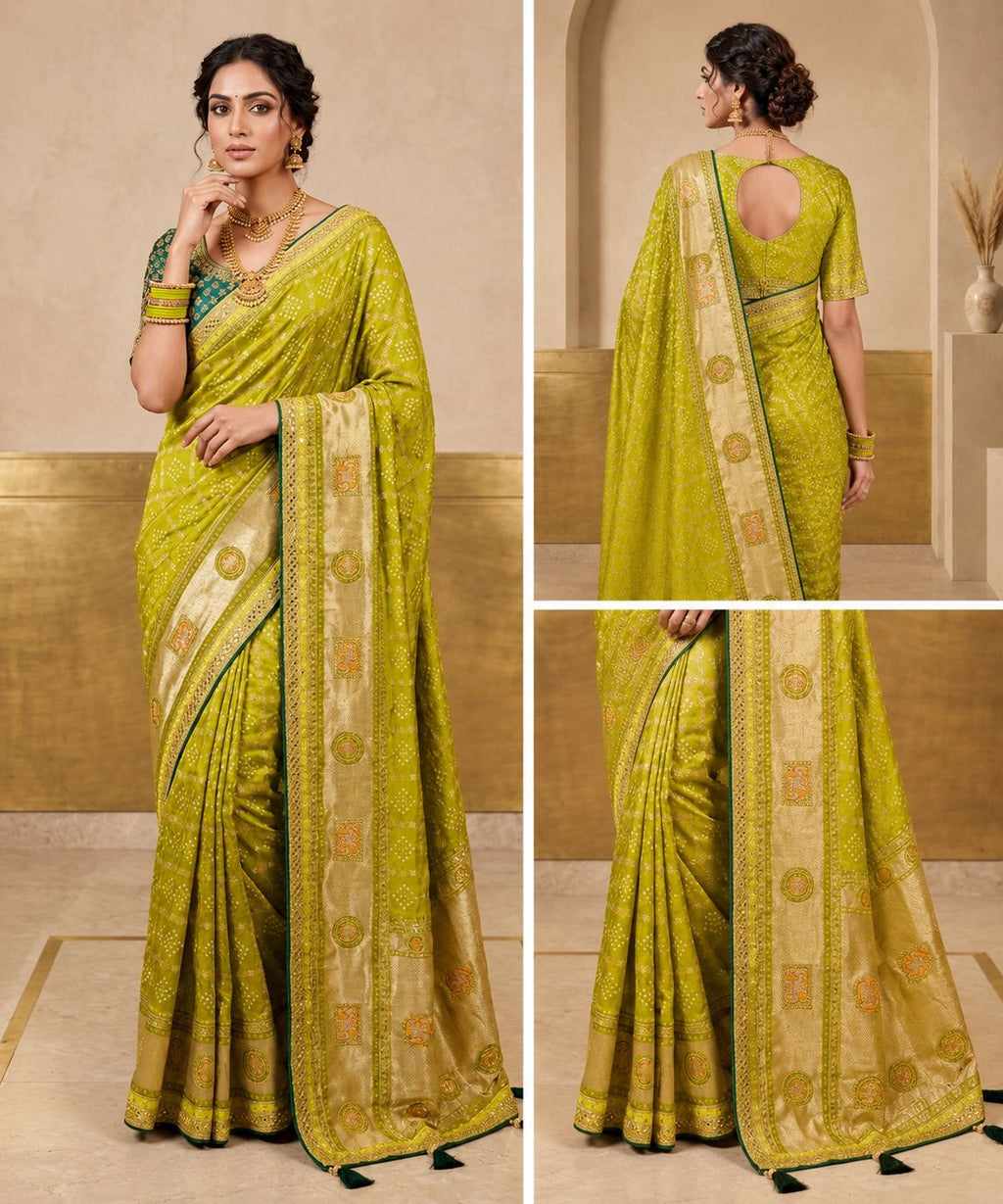 Olive Green Bandhani Print Saree with Rich Golden Woven Border