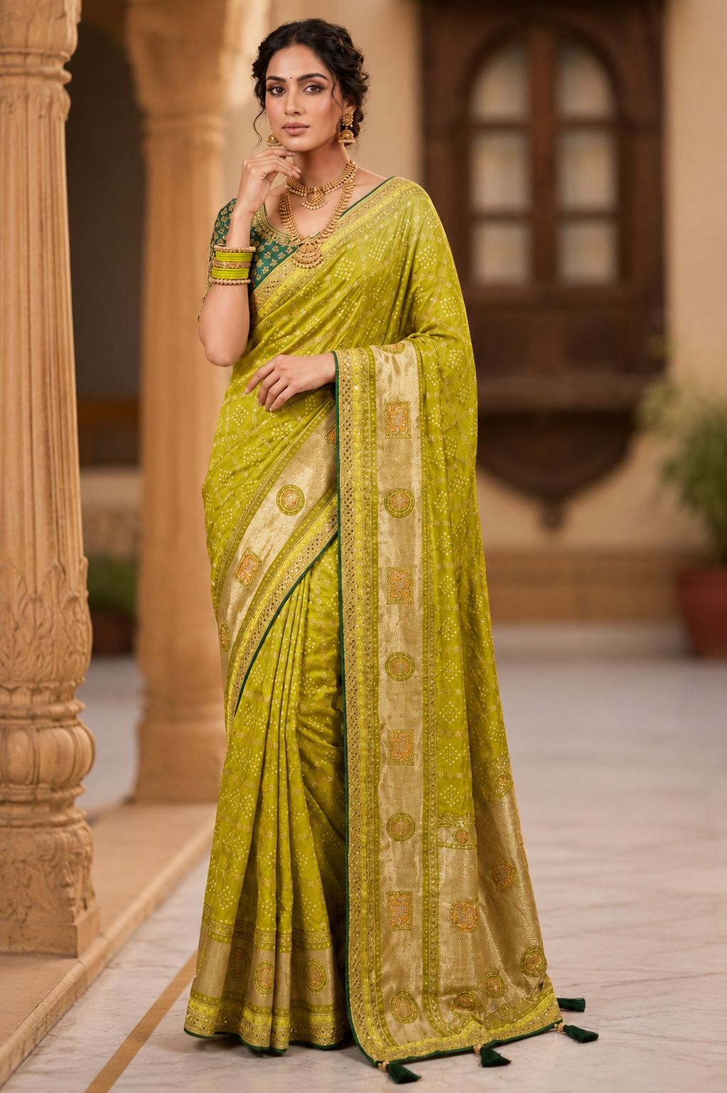 Olive Green Bandhani Print Saree with Rich Golden Woven Border