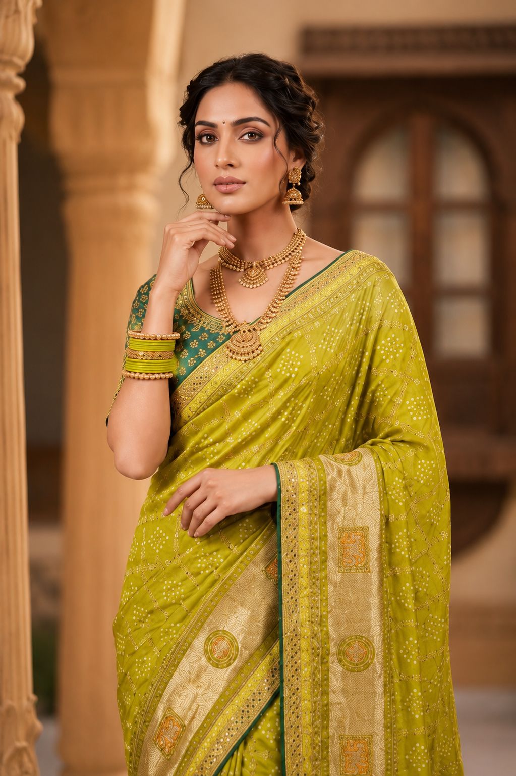 Olive Green Bandhani Print Saree with Rich Golden Woven Border