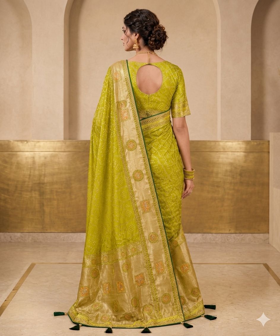 Olive Green Bandhani Print Saree with Rich Golden Woven Border