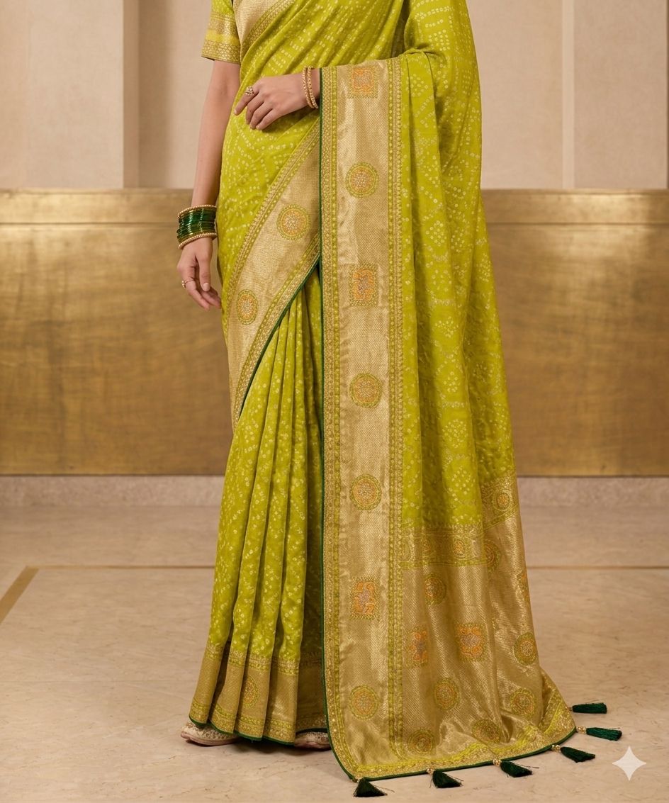 Olive Green Bandhani Print Saree with Rich Golden Woven Border