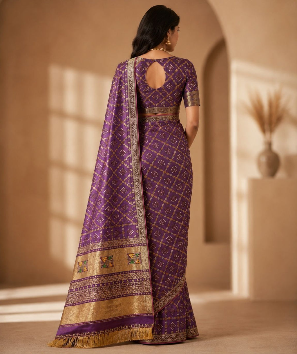 Royal Purple Woven Saree with Traditional Gold Border