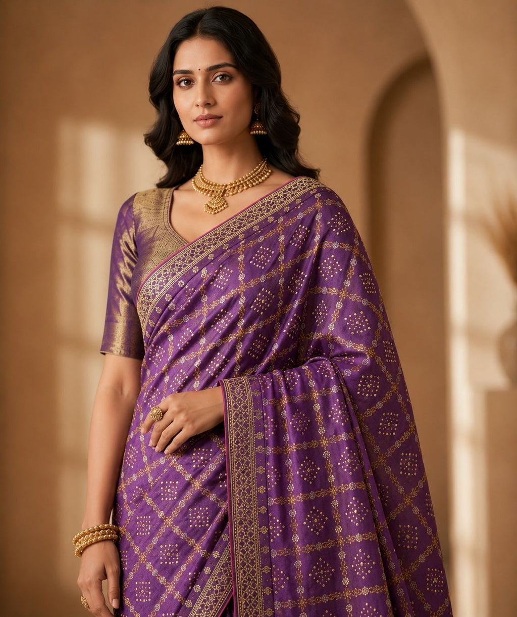 Royal Purple Woven Saree with Traditional Gold Border