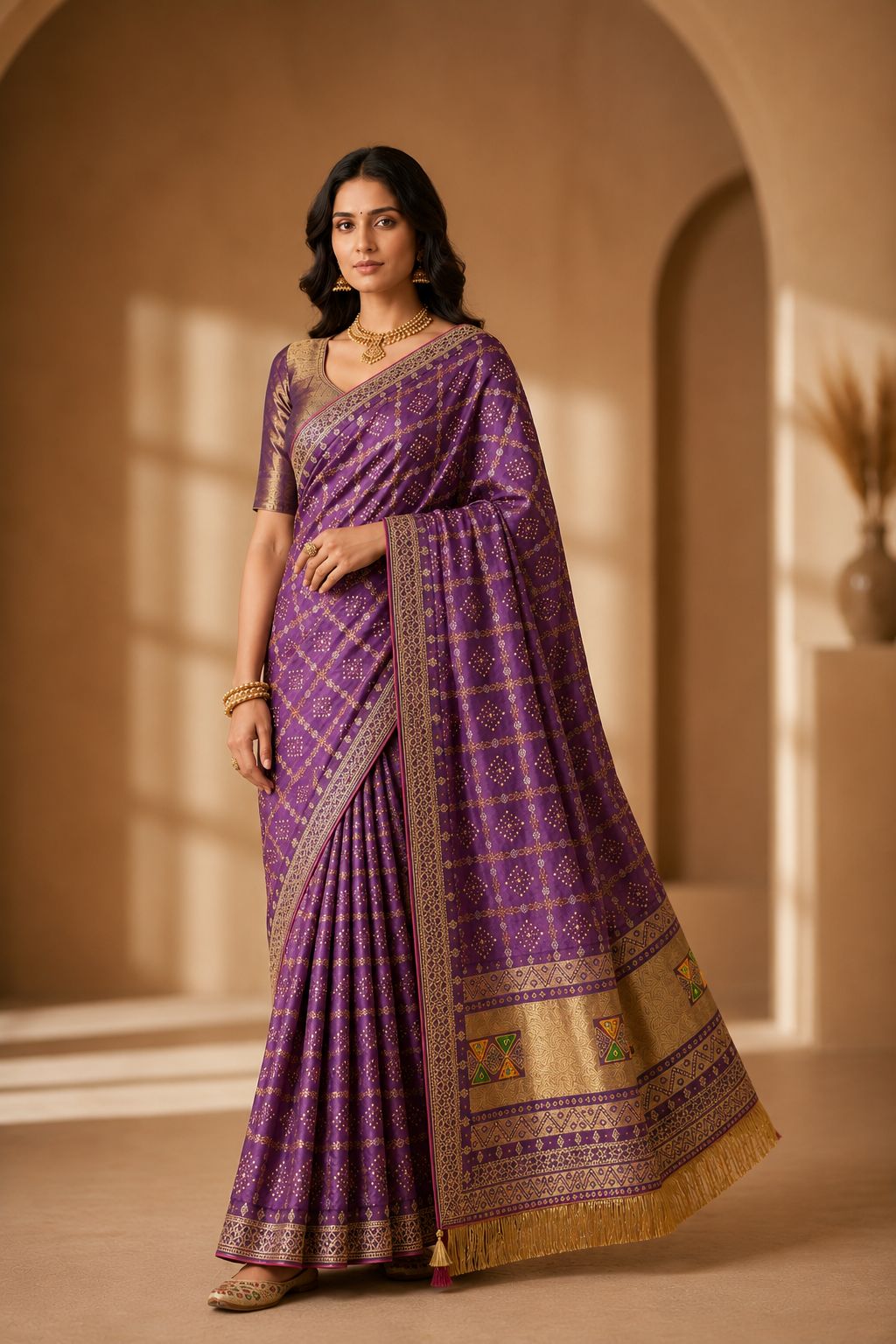 Royal Purple Woven Saree with Traditional Gold Border