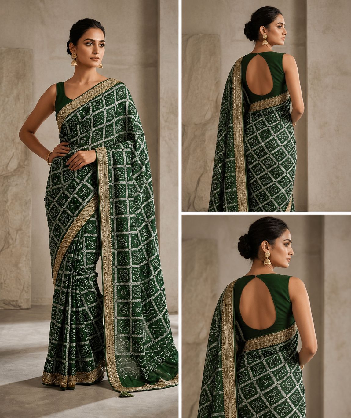 Emerald Elegance Bandhani Saree with Intricate Border