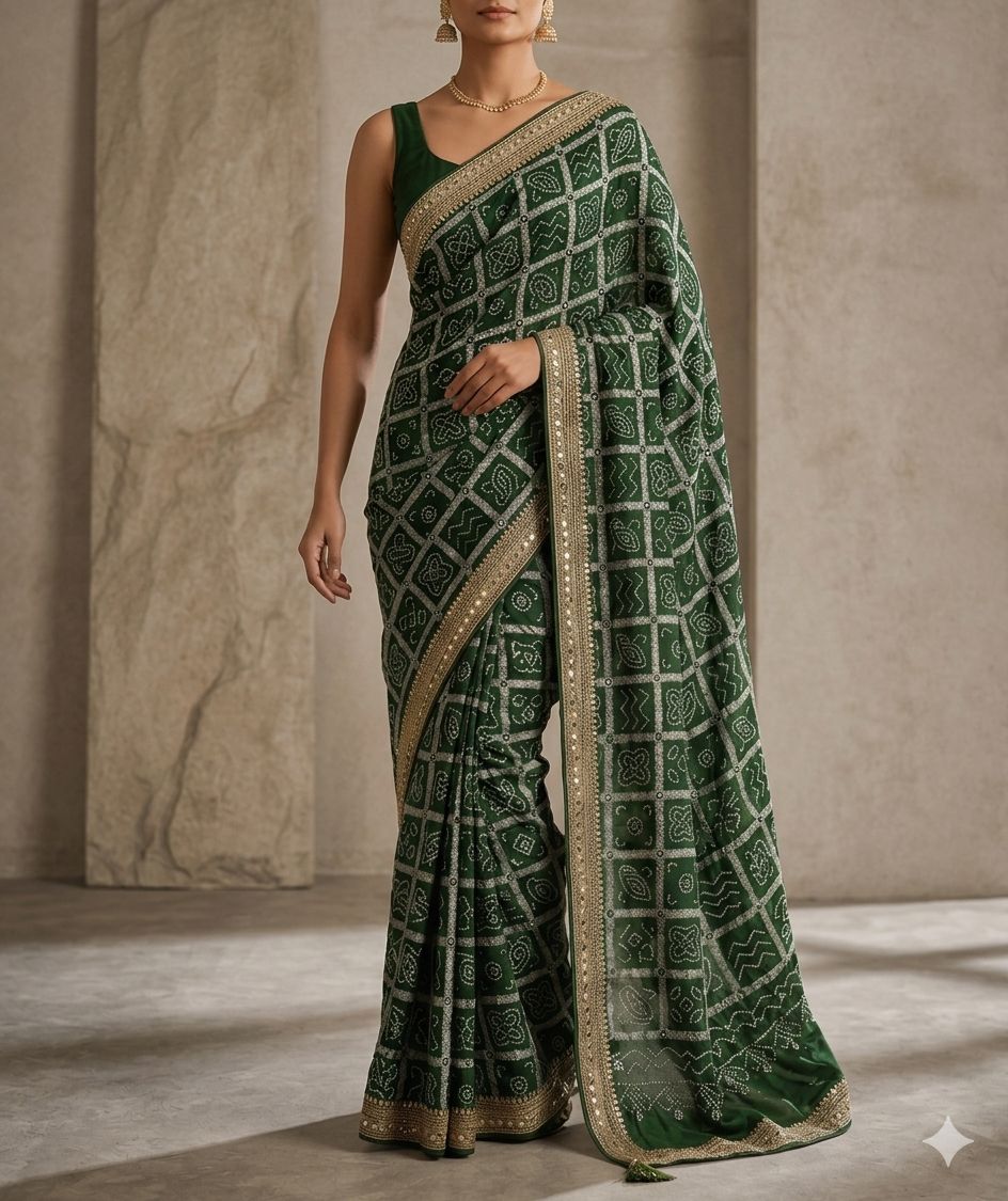 Emerald Elegance Bandhani Saree with Intricate Border