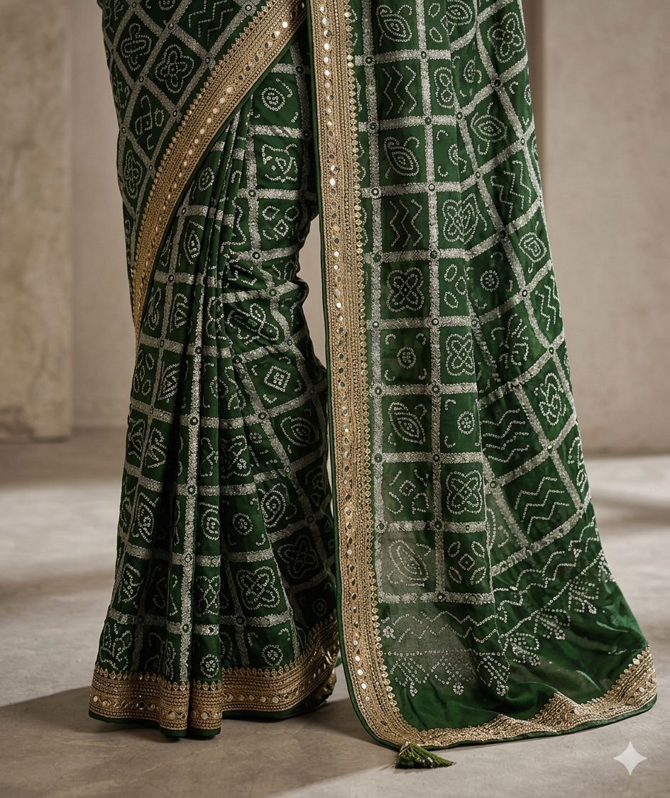 Emerald Elegance Bandhani Saree with Intricate Border