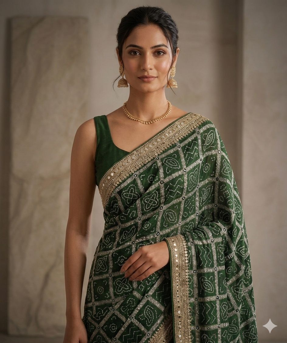 Emerald Elegance Bandhani Saree with Intricate Border
