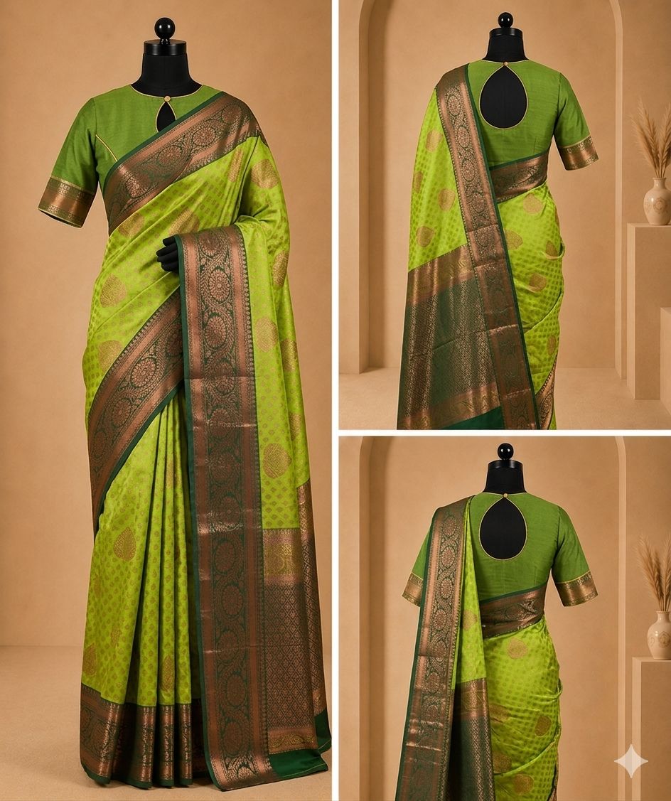 Premium Lime Green Kanjivaram Style Silk Saree with Rich Zari Border