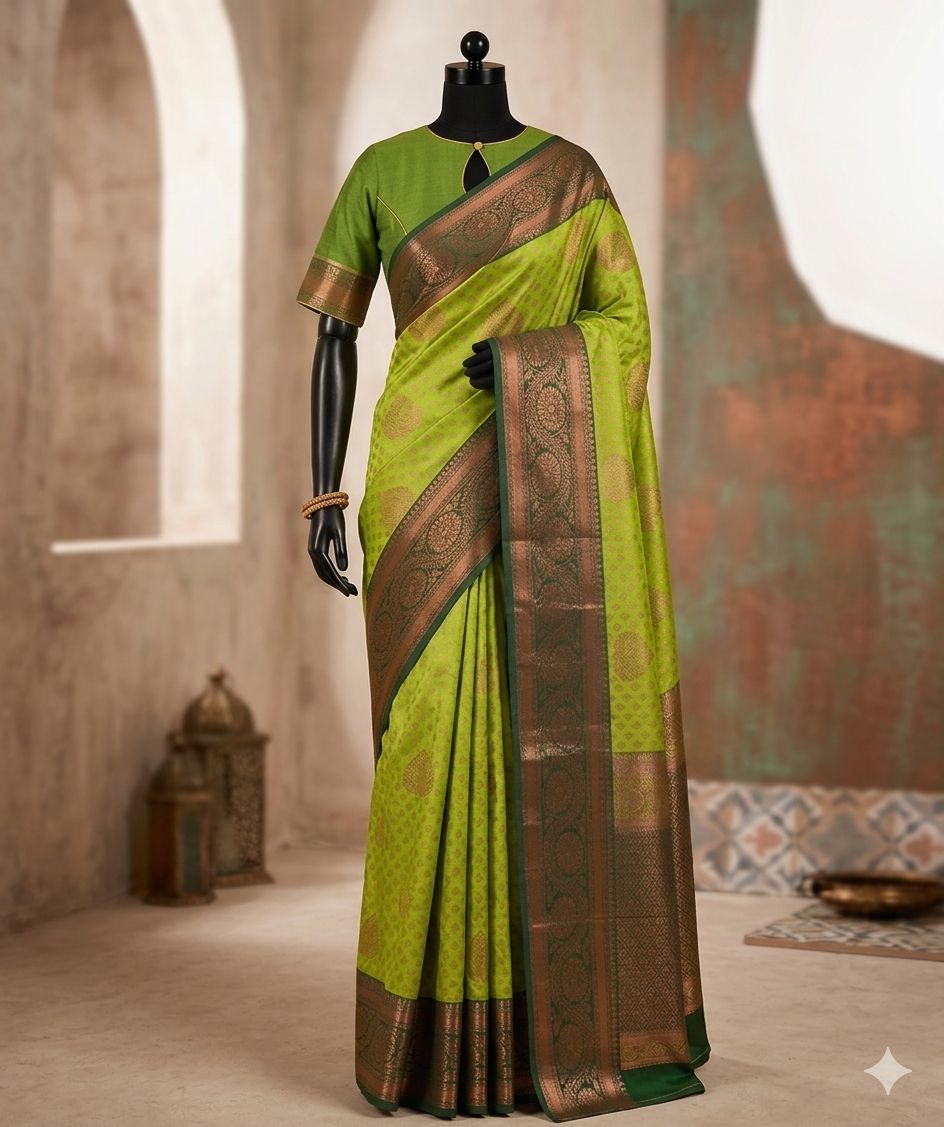 Premium Lime Green Kanjivaram Style Silk Saree with Rich Zari Border