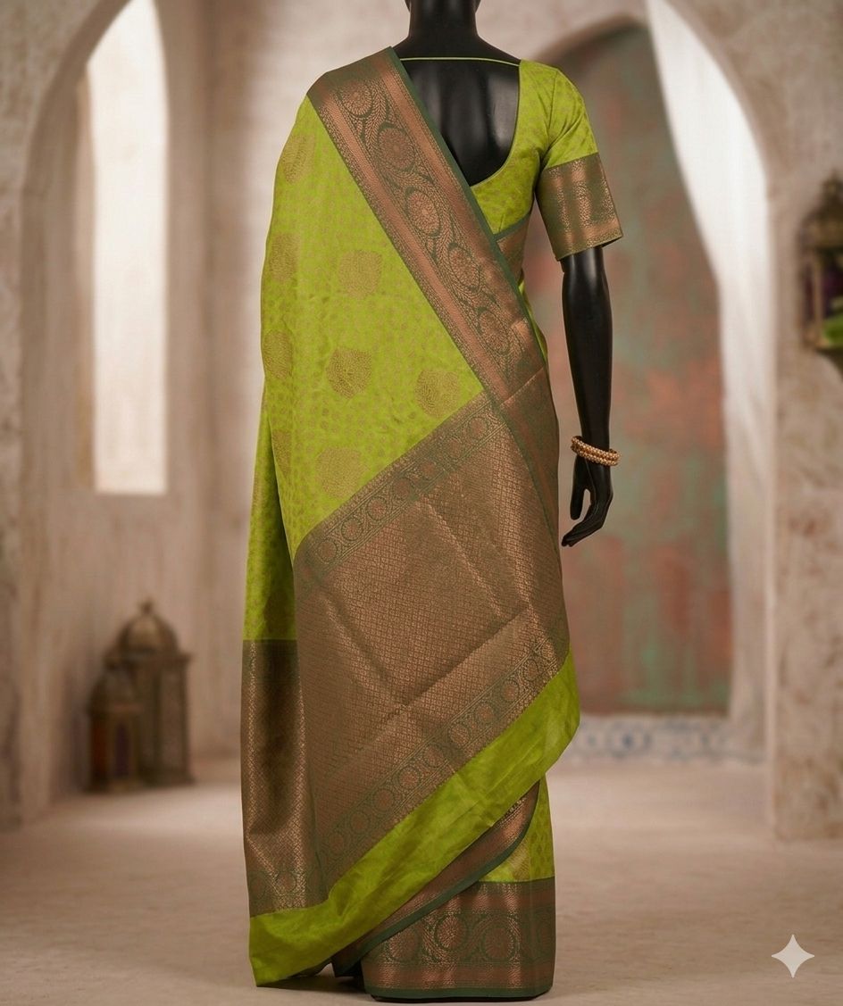 Premium Lime Green Kanjivaram Style Silk Saree with Rich Zari Border