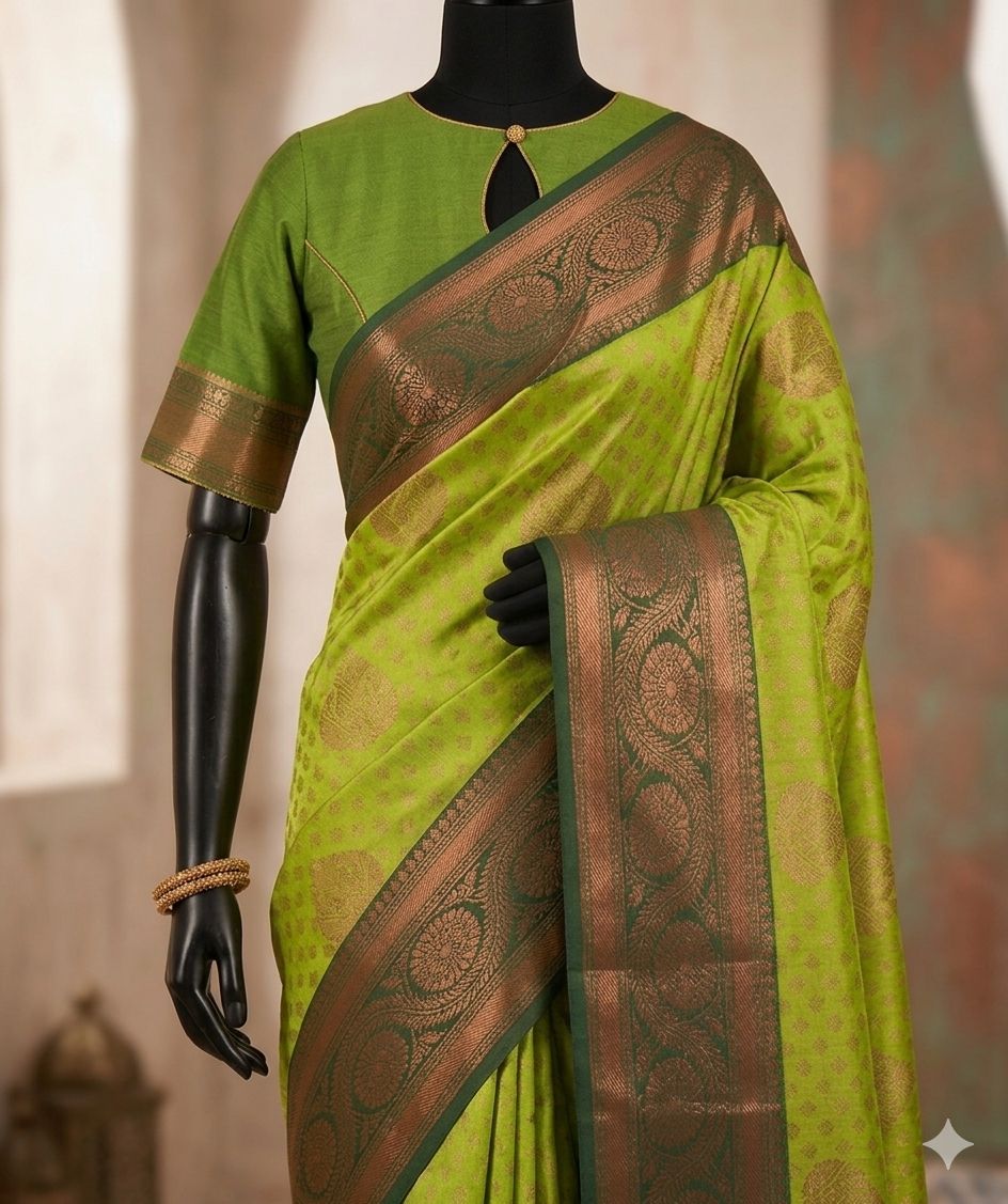 Premium Lime Green Kanjivaram Style Silk Saree with Rich Zari Border