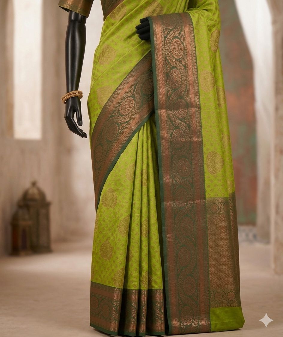 Premium Lime Green Kanjivaram Style Silk Saree with Rich Zari Border