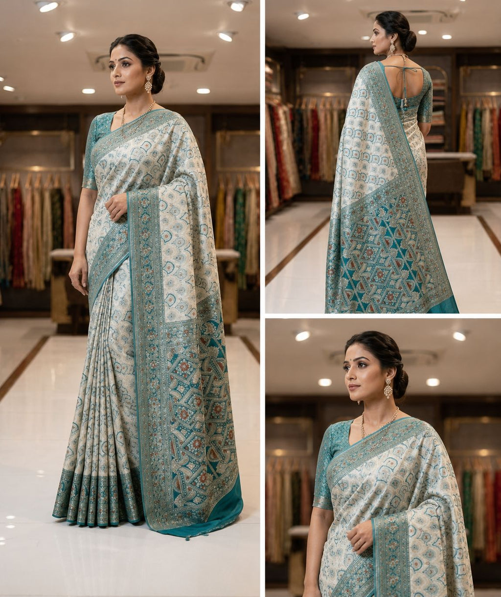 Elegant Ivory & Teal Designer Saree with Intricate Printed Heritage Motifs
