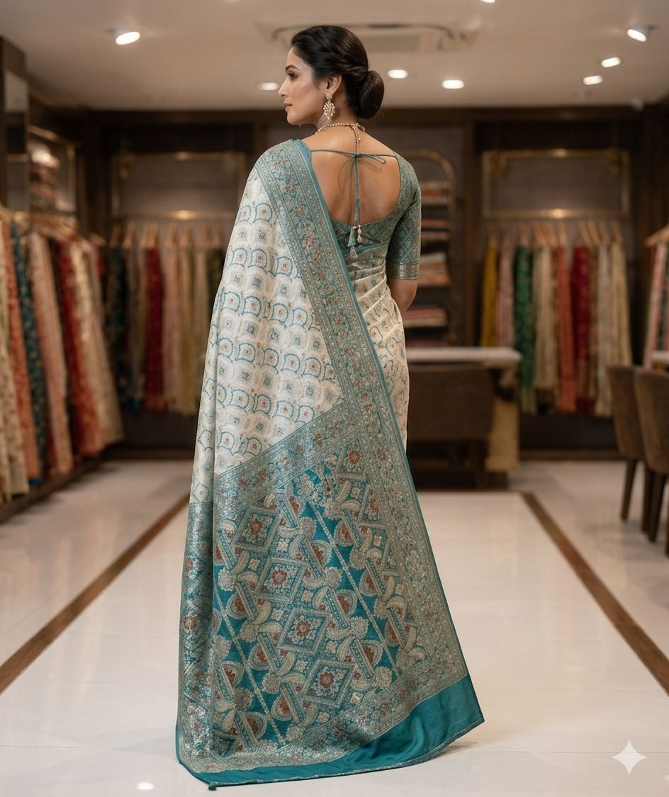 Elegant Ivory & Teal Designer Saree with Intricate Printed Heritage Motifs