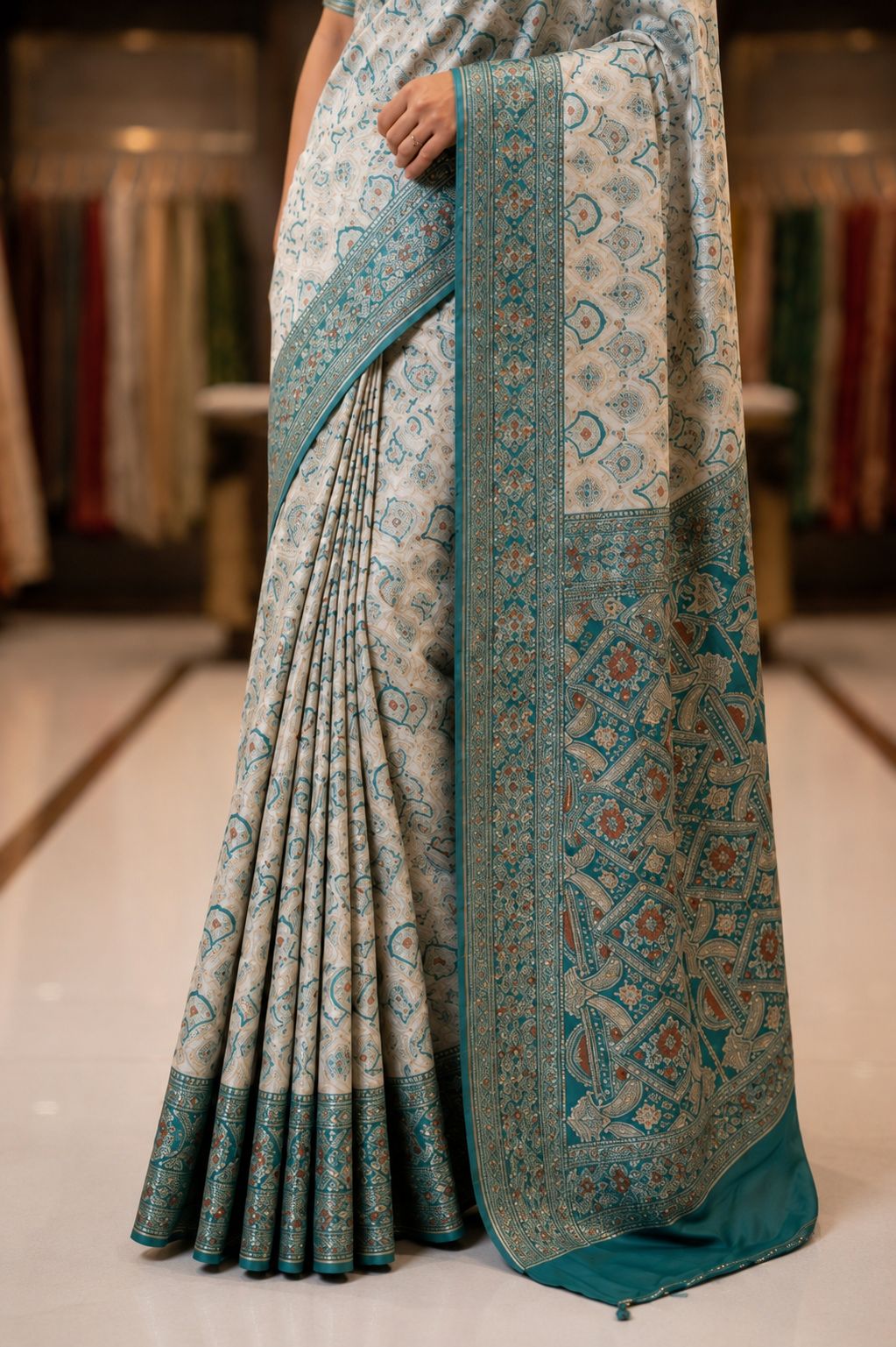 Elegant Ivory & Teal Designer Saree with Intricate Printed Heritage Motifs