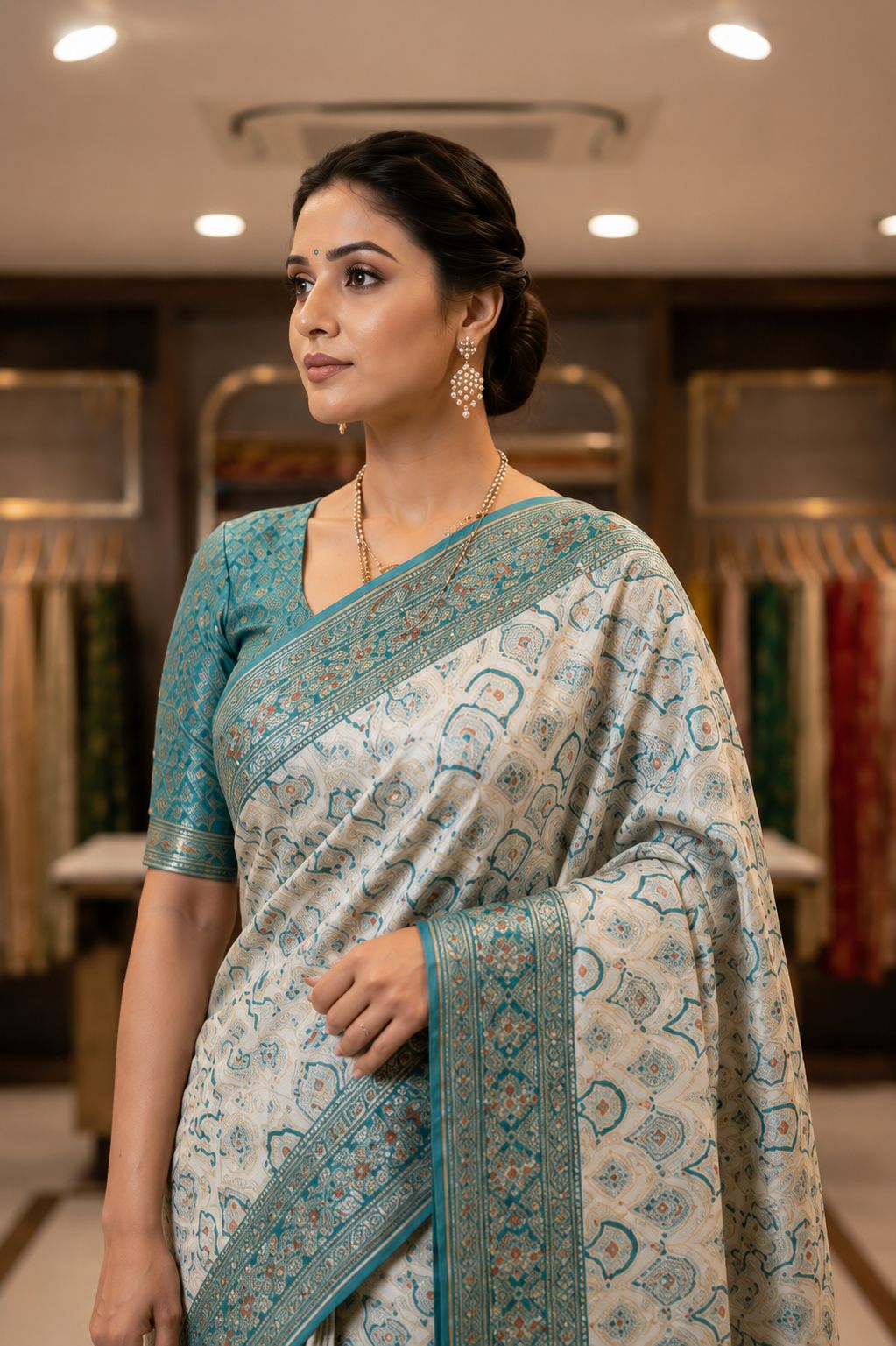 Elegant Ivory & Teal Designer Saree with Intricate Printed Heritage Motifs