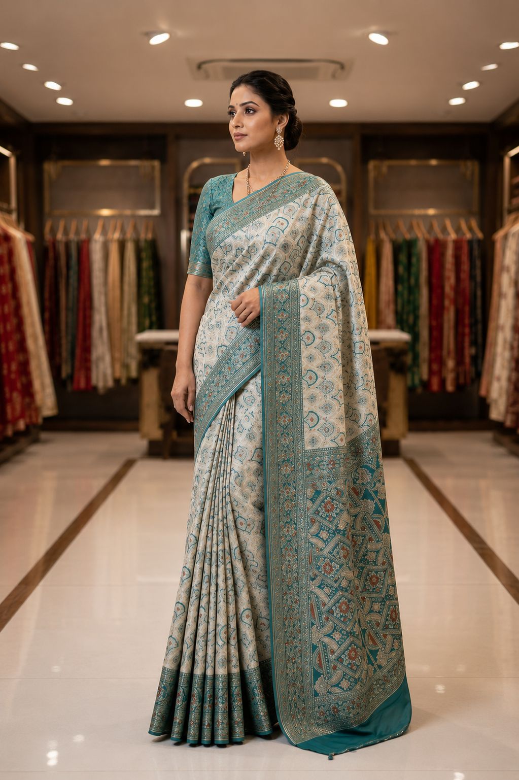 Elegant Ivory & Teal Designer Saree with Intricate Printed Heritage Motifs
