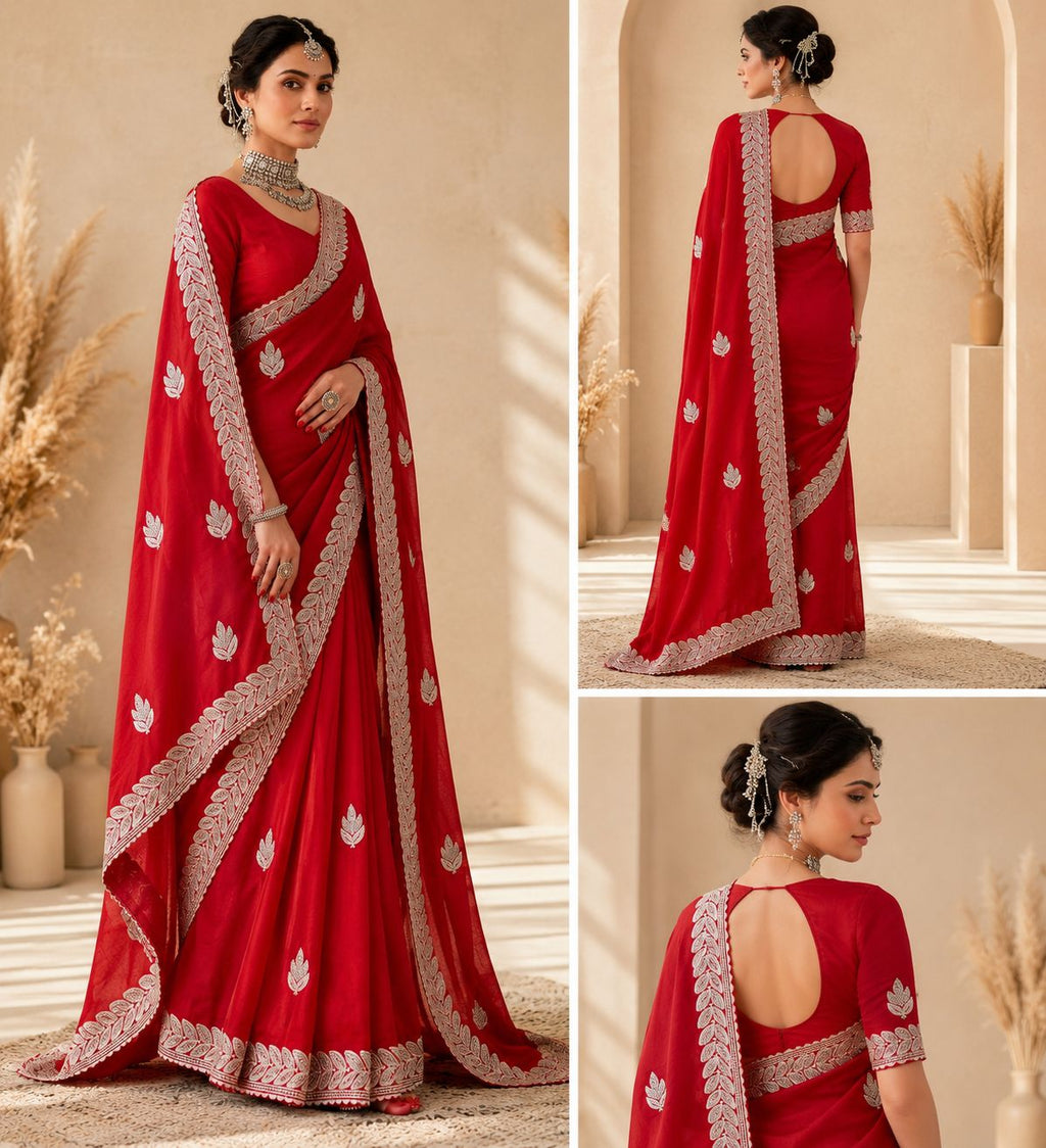Royal Red Embroidered Saree with Elegant Silver Leaf Border