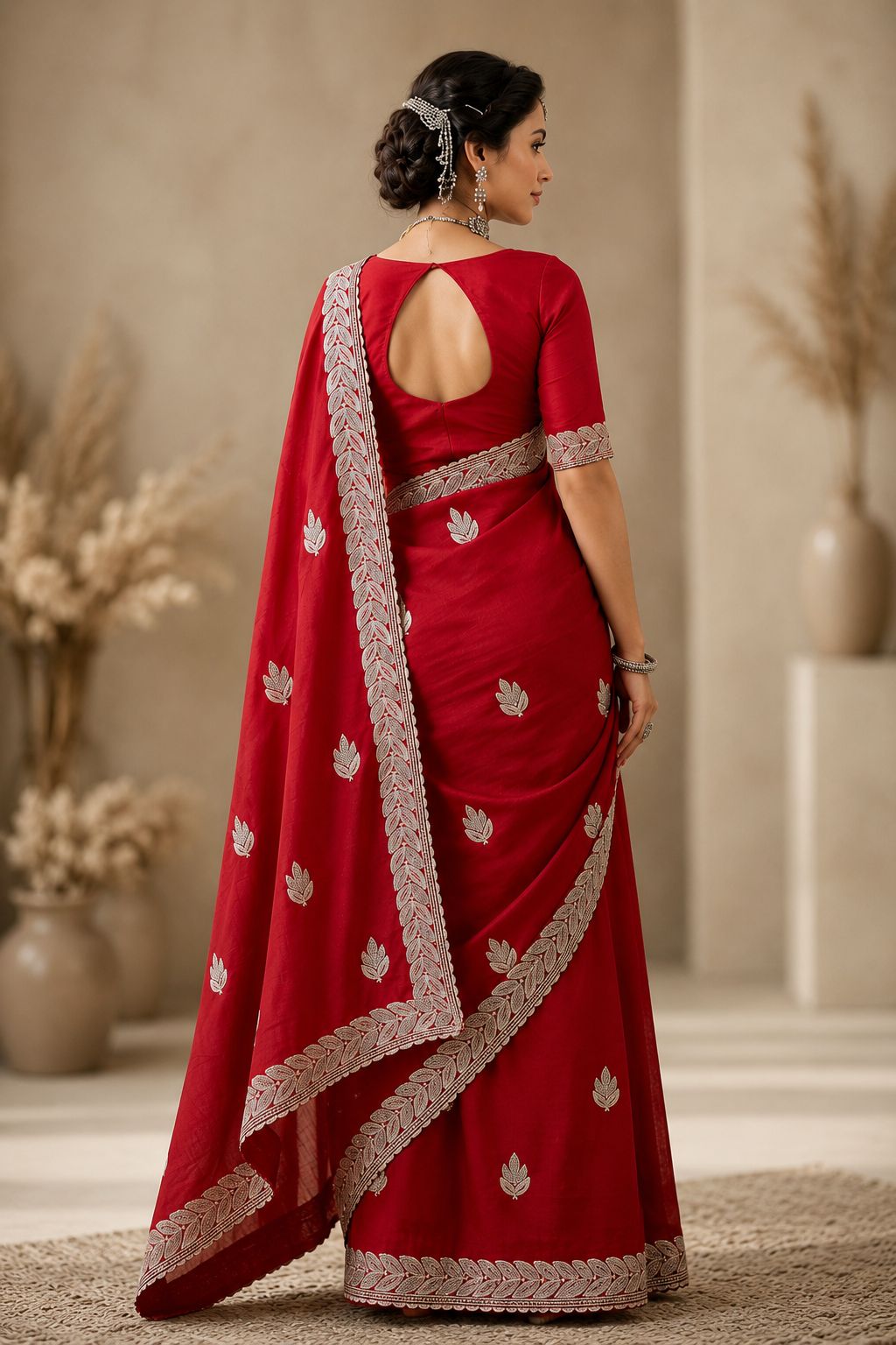 Royal Red Embroidered Saree with Elegant Silver Leaf Border