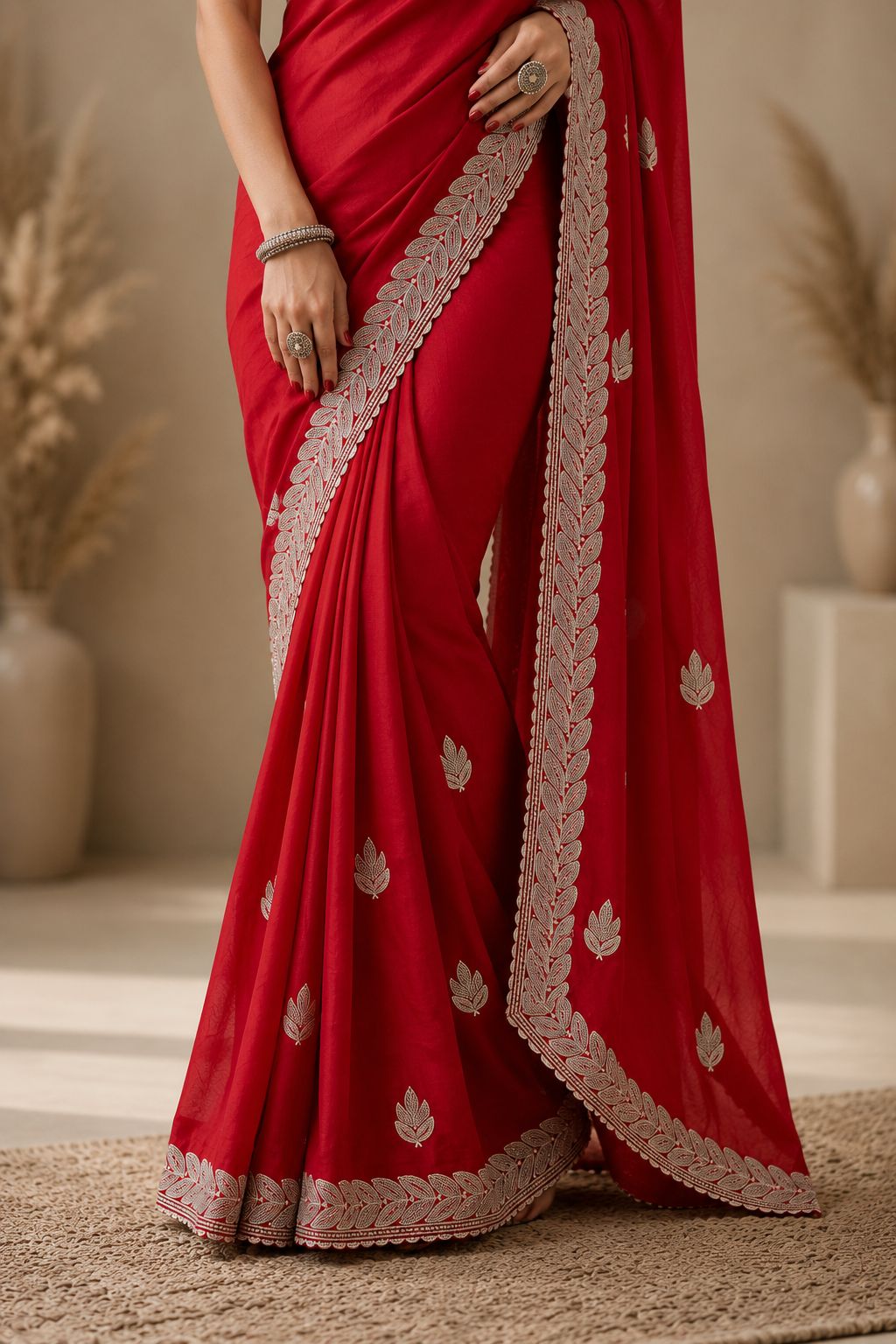 Royal Red Embroidered Saree with Elegant Silver Leaf Border
