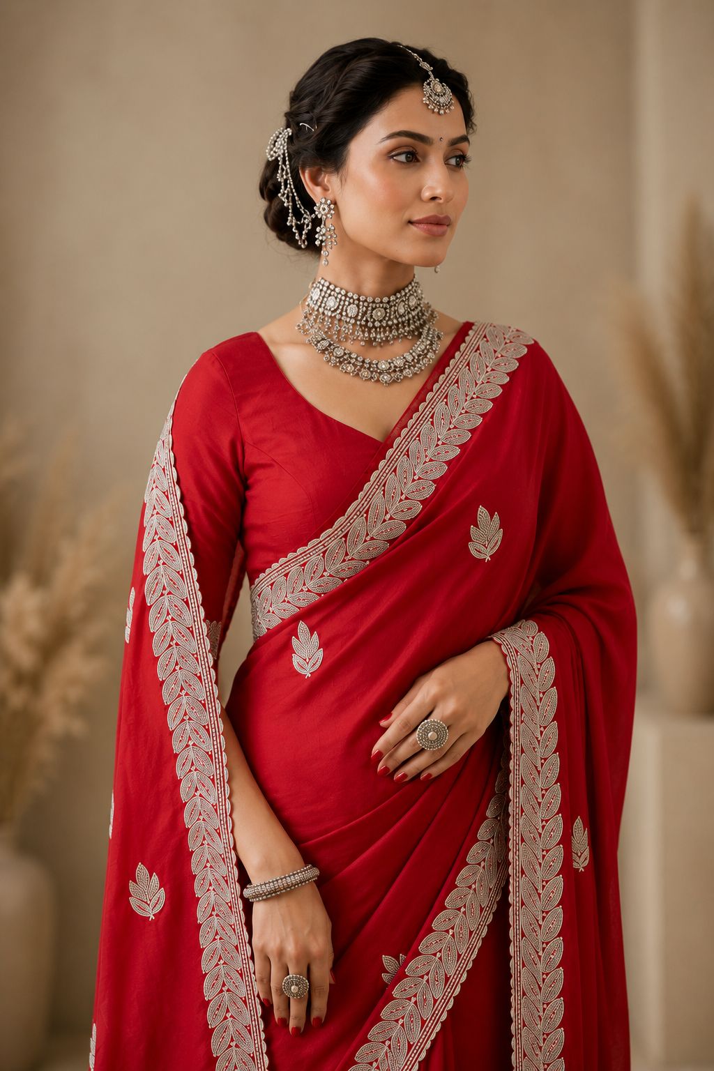 Royal Red Embroidered Saree with Elegant Silver Leaf Border