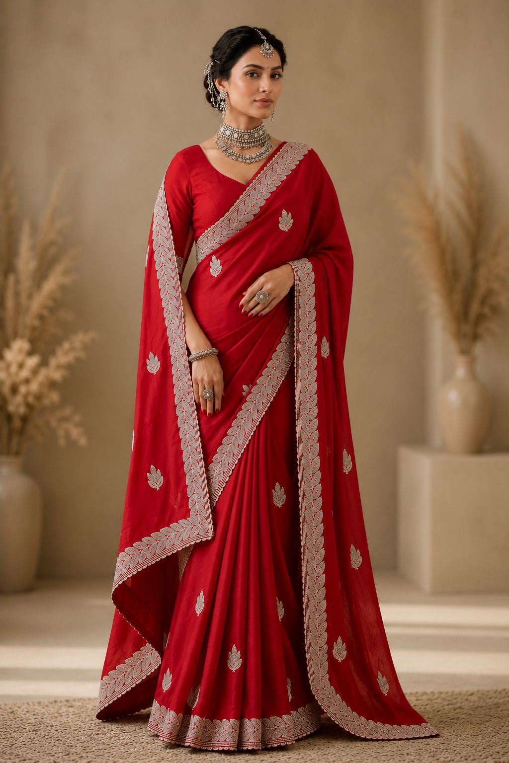 Royal Red Embroidered Saree with Elegant Silver Leaf Border