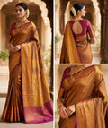 Premium Copper Brown Kanjivaram Silk Saree with Rich Gold Zari &amp; Magenta Border