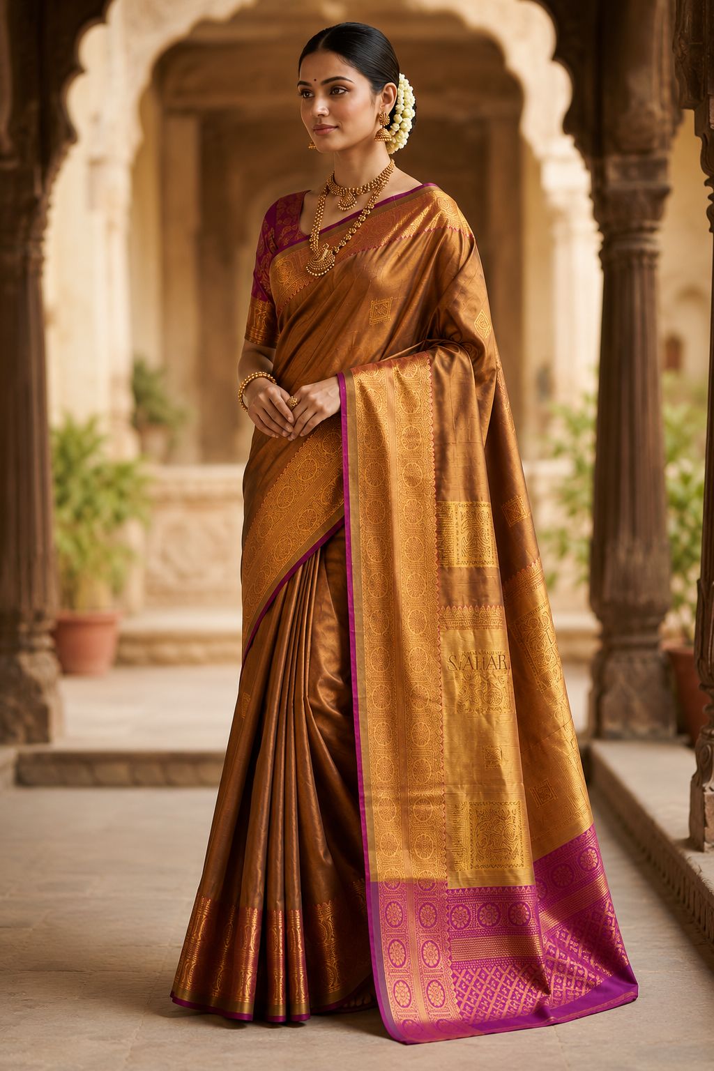 Premium Copper Brown Kanjivaram Silk Saree with Rich Gold Zari &amp; Magenta Border
