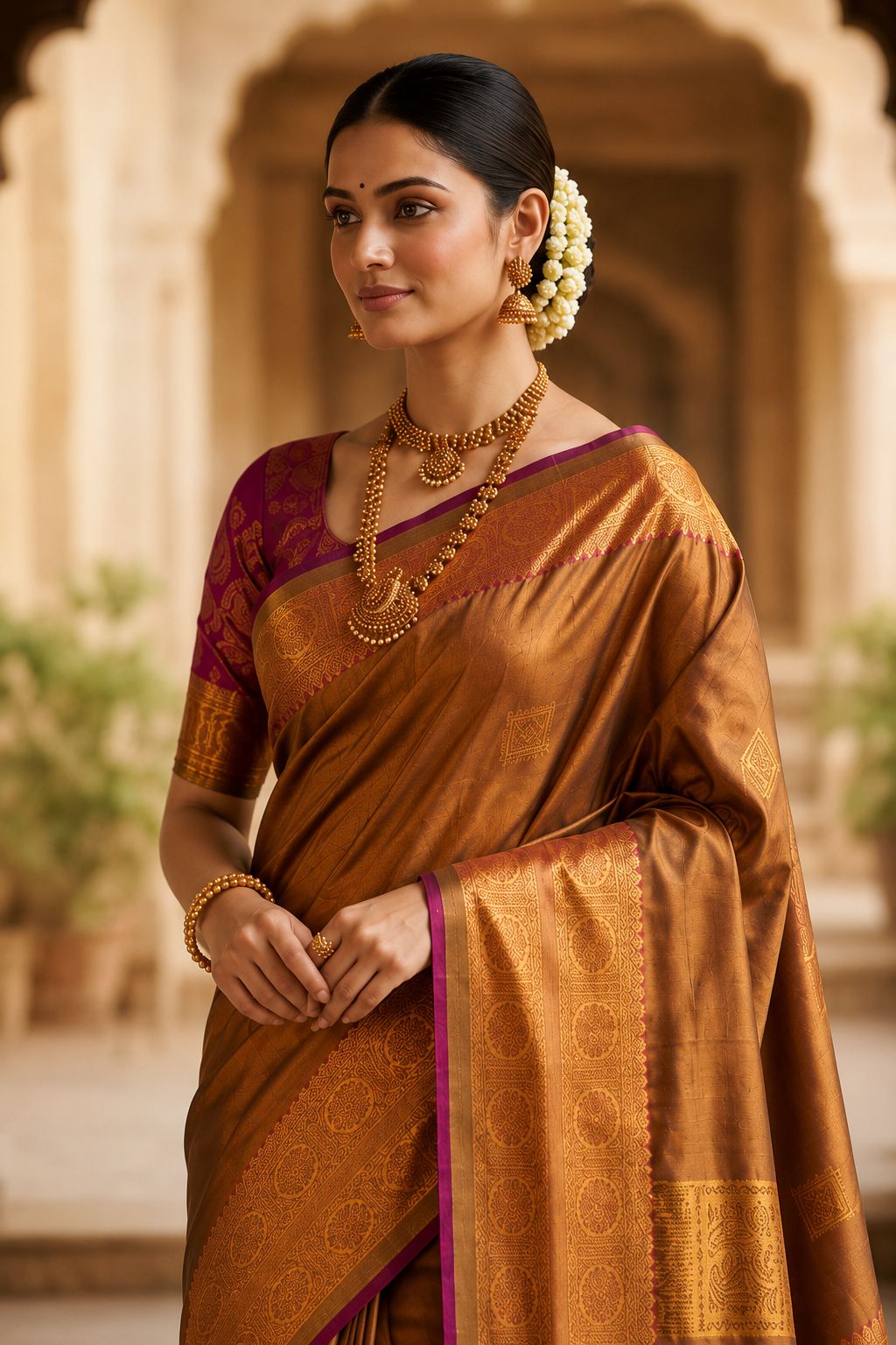 Premium Copper Brown Kanjivaram Silk Saree with Rich Gold Zari &amp; Magenta Border
