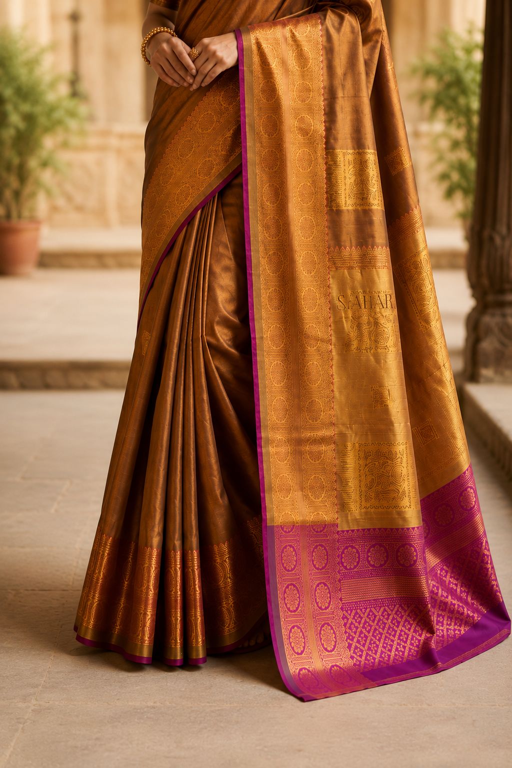 Premium Copper Brown Kanjivaram Silk Saree with Rich Gold Zari &amp; Magenta Border