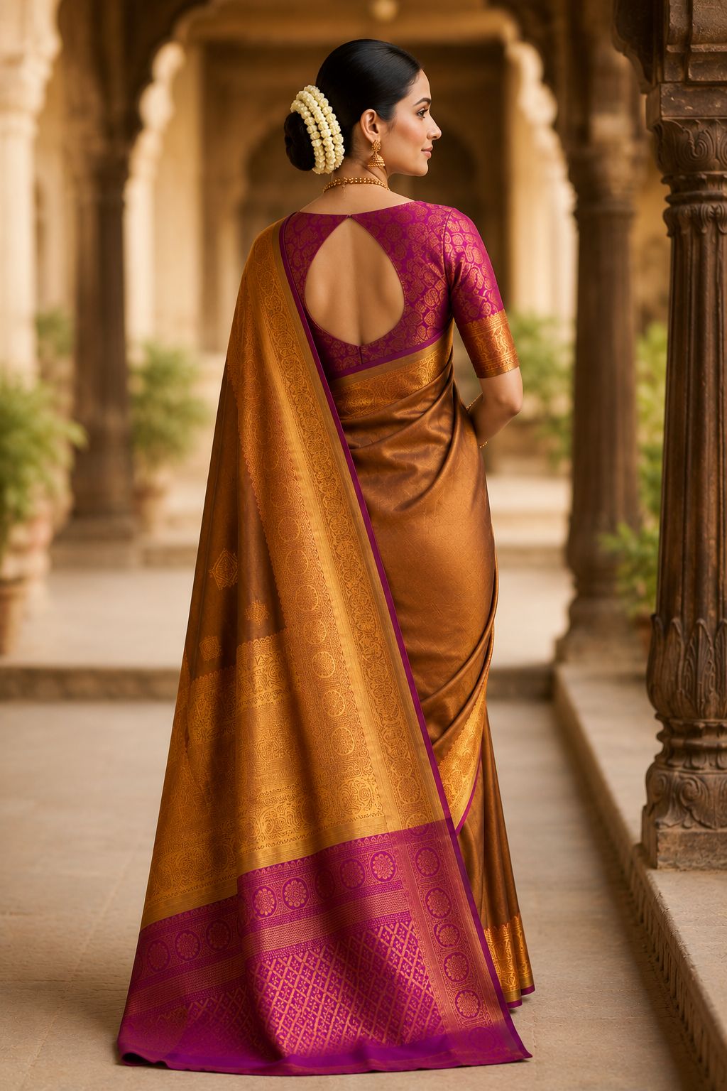 Premium Copper Brown Kanjivaram Silk Saree with Rich Gold Zari &amp; Magenta Border