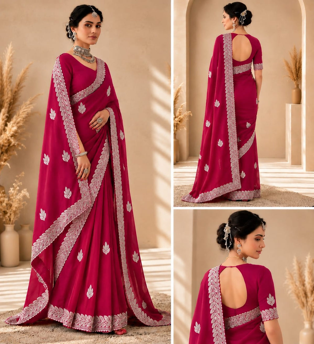 Radiant Rani Pink Embroidered Saree with Elegant Silver Floral Border