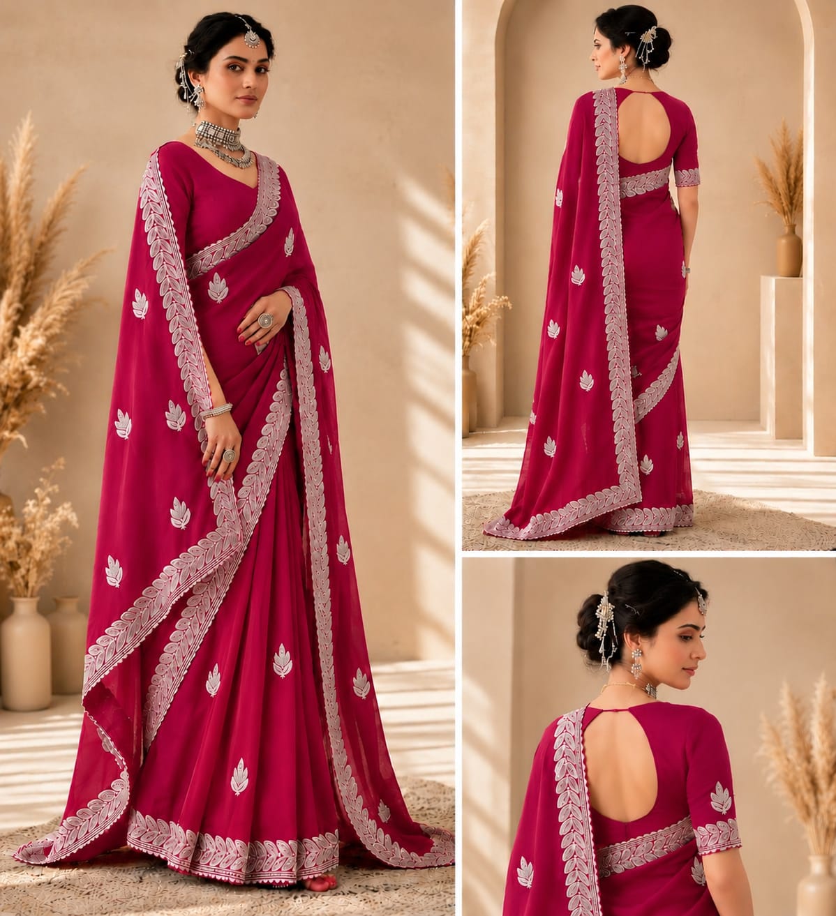 Radiant Rani Pink Embroidered Saree with Elegant Silver Floral Border