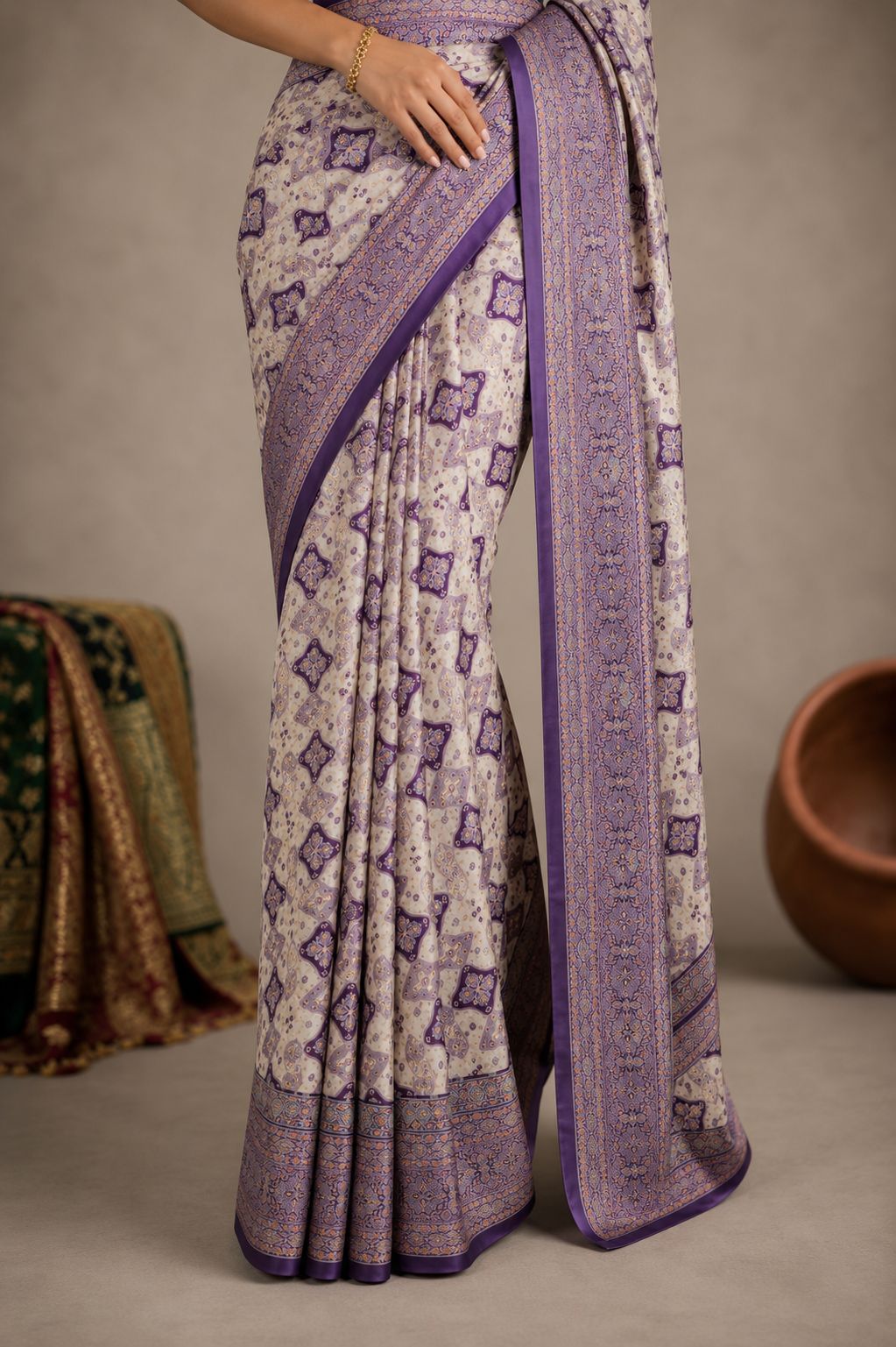 Royal Ivory & Purple Silk Saree