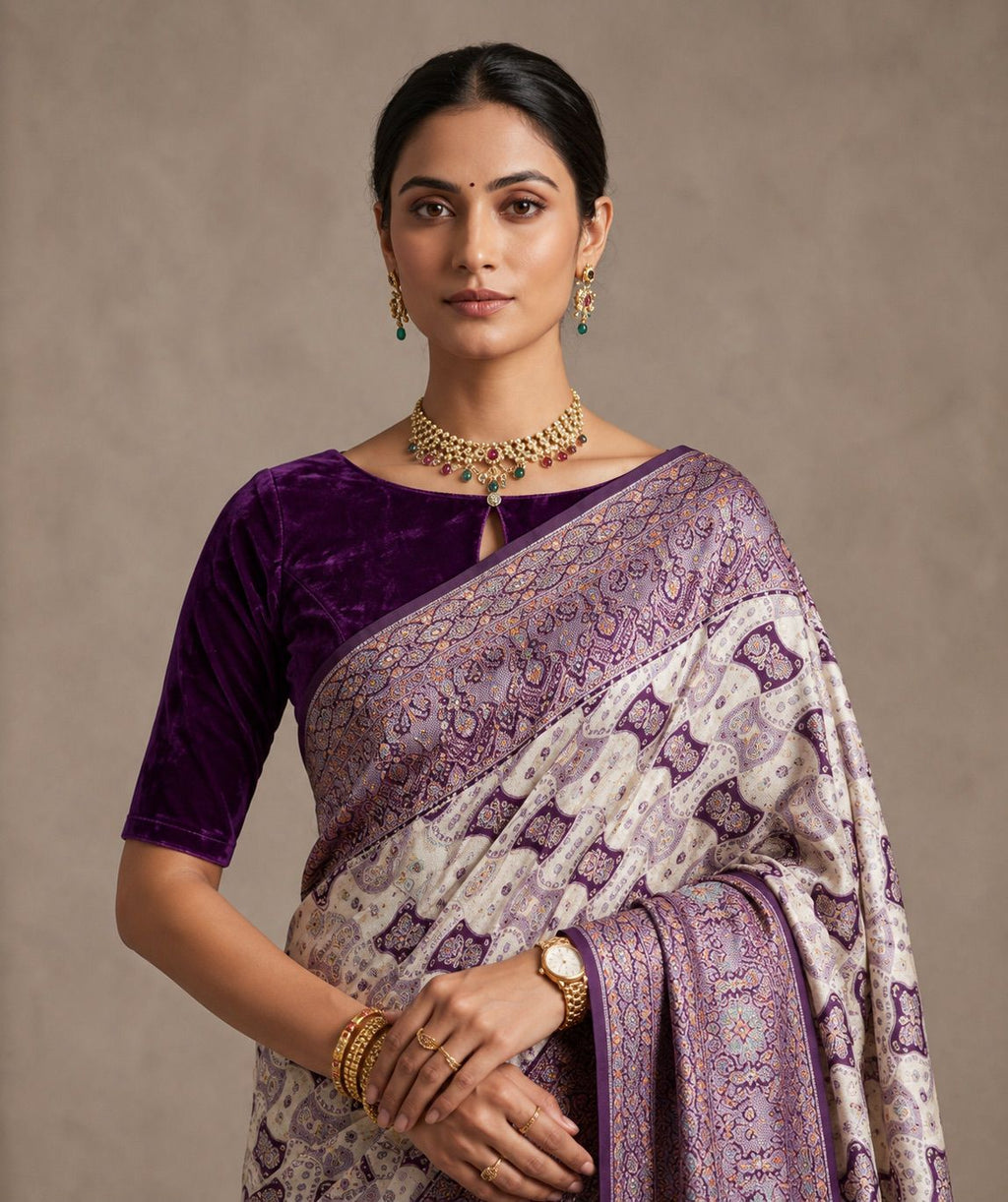 Royal Ivory & Purple Silk Saree
