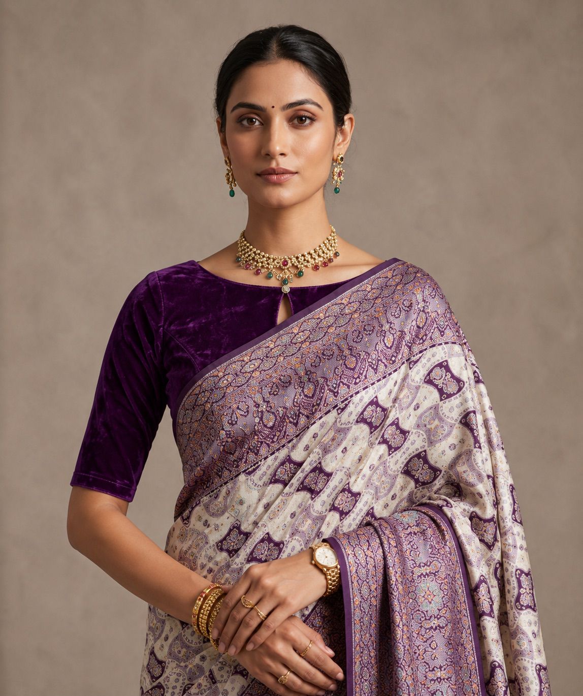 Royal Ivory & Purple Silk Saree